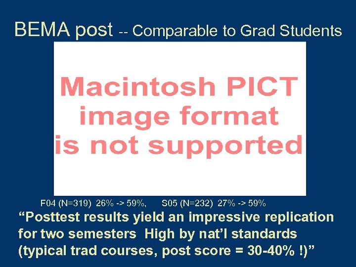 BEMA post -- Comparable to Grad Students F 04 (N=319) 26% -> 59%, S