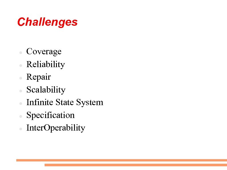 Challenges Coverage Reliability Repair Scalability Infinite State System Specification Inter. Operability 
