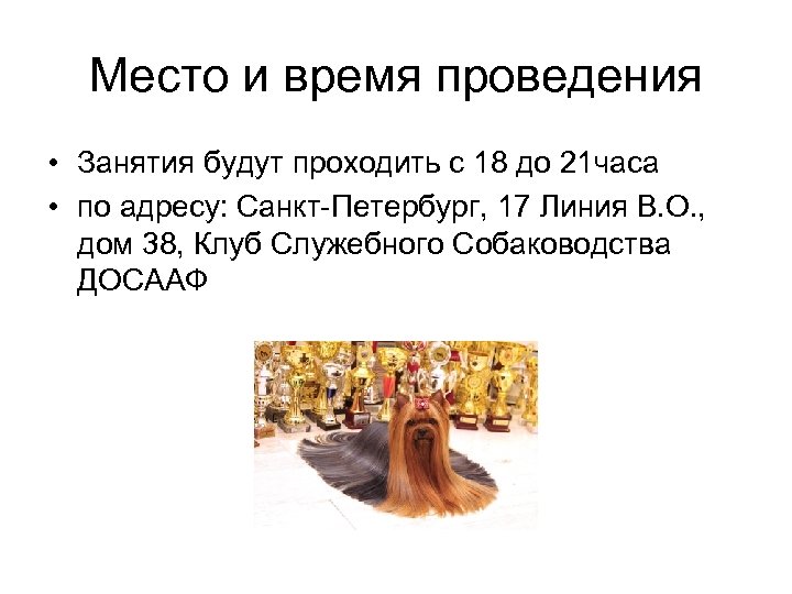 Место и время проведения • Занятия будут проходить с 18 до 21 часа •