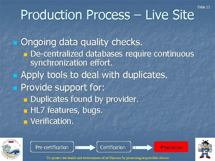 Production Process – Live Site n Ongoing data quality checks. n n n De-centralized