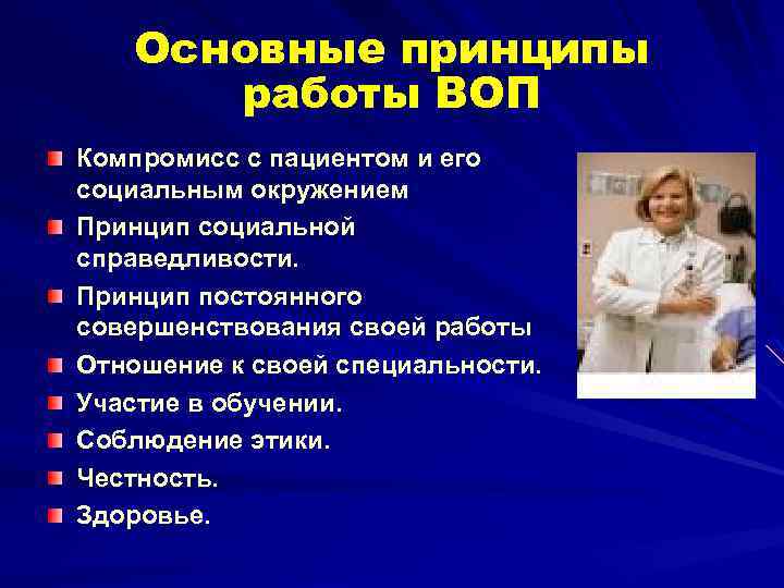 Основные принципы работы ВОП Компромисс с пациентом и его социальным окружением Принцип социальной справедливости.