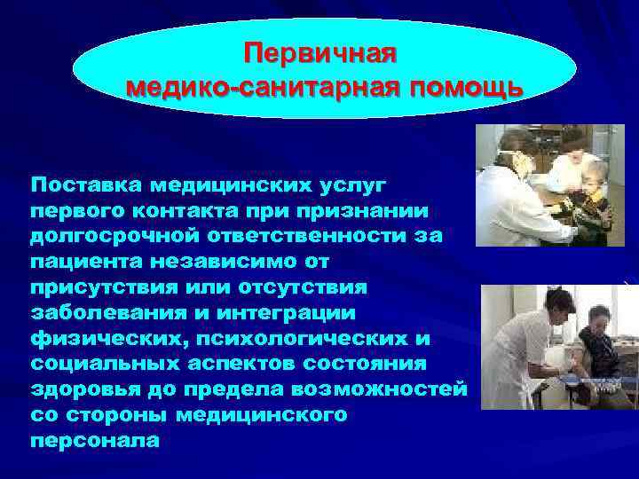 Первичная медико-санитарная помощь Поставка медицинских услуг первого контакта признании долгосрочной ответственности за пациента независимо