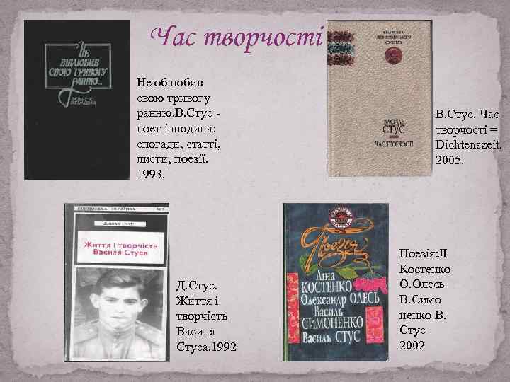 Час творчості Не облюбив свою тривогу ранню. В. Стус - поет і людина: спогади,