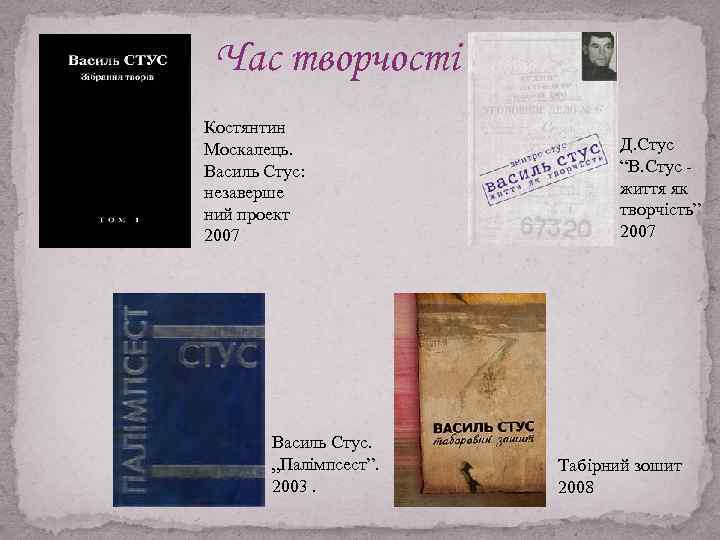 Час творчості Костянтин Москалець. Василь Стус: незаверше ний проект 2007 Василь Стус. „Палімпсест”. 2003.