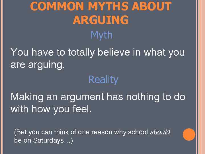 COMMON MYTHS ABOUT ARGUING Myth You have to totally believe in what you are