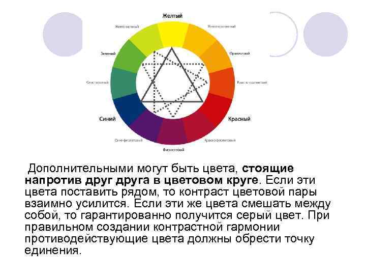  Дополнительными могут быть цвета, стоящие напротив друга в цветовом круге. Если эти цвета