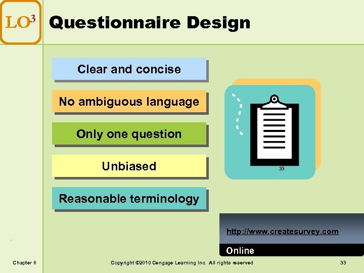 LO 3 Questionnaire Design Clear and concise No ambiguous language Only one question Unbiased