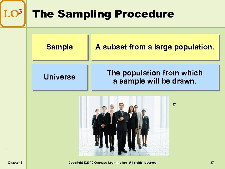 LO 3 The Sampling Procedure Sample A subset from a large population. Universe The