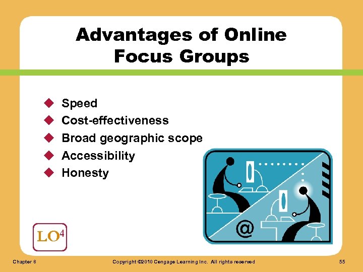 Advantages of Online Focus Groups u u u Speed Cost-effectiveness Broad geographic scope Accessibility