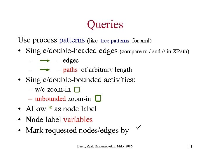 Queries Use process patterns (like tree patterns for xml) • Single/double-headed edges (compare to