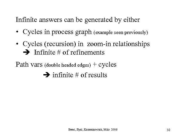 Infinite answers can be generated by either • Cycles in process graph (example seen