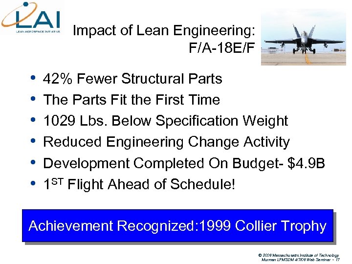 Impact of Lean Engineering: F/A-18 E/F • • • 42% Fewer Structural Parts The