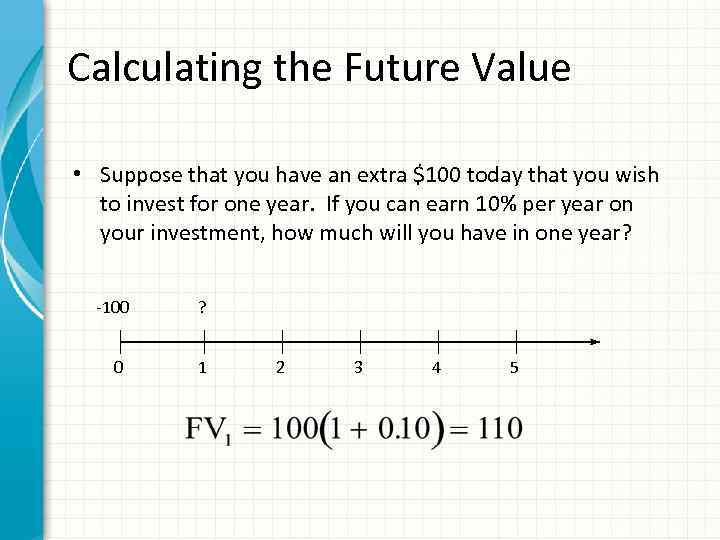 Calculating the Future Value • Suppose that you have an extra $100 today that
