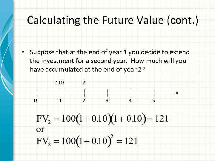Calculating the Future Value (cont. ) • Suppose that at the end of year