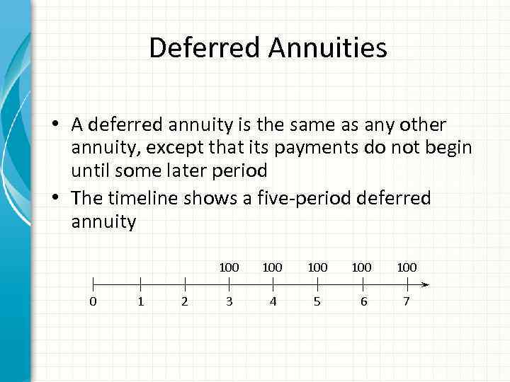 Deferred Annuities • A deferred annuity is the same as any other annuity, except