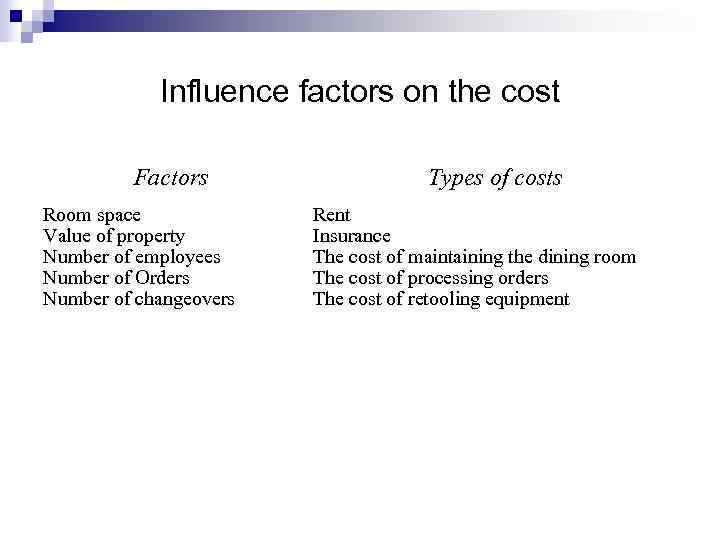 Influence factors on the cost Factors Room space Value of property Number of employees