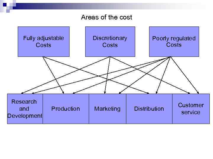 Areas of the cost Fully adjustable Costs Research and Development Production Discretionary Costs Marketing