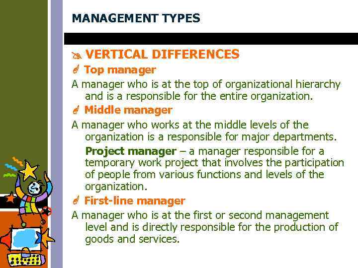 MANAGEMENT TYPES VERTICAL DIFFERENCES Top manager A manager who is at the top of