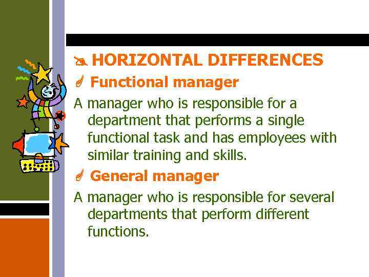  HORIZONTAL DIFFERENCES Functional manager A manager who is responsible for a department that