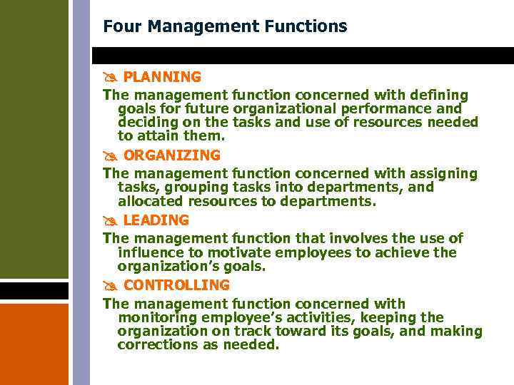 Four Management Functions PLANNING The management function concerned with defining goals for future organizational