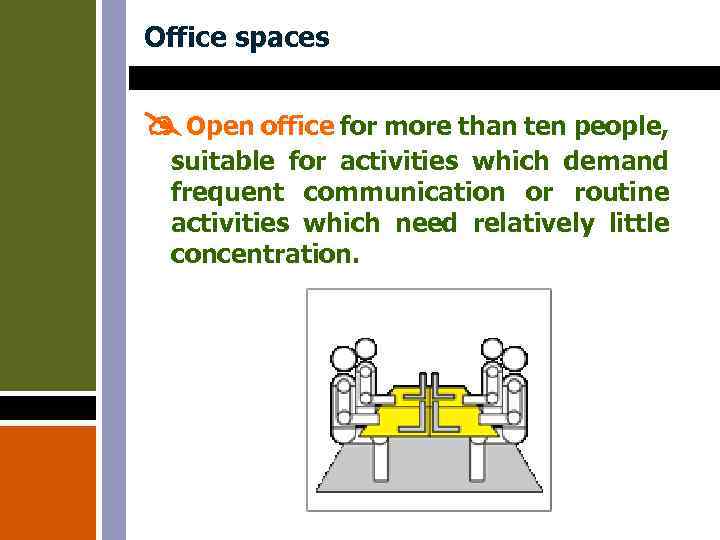 Office spaces Open office for more than ten people, suitable for activities which demand