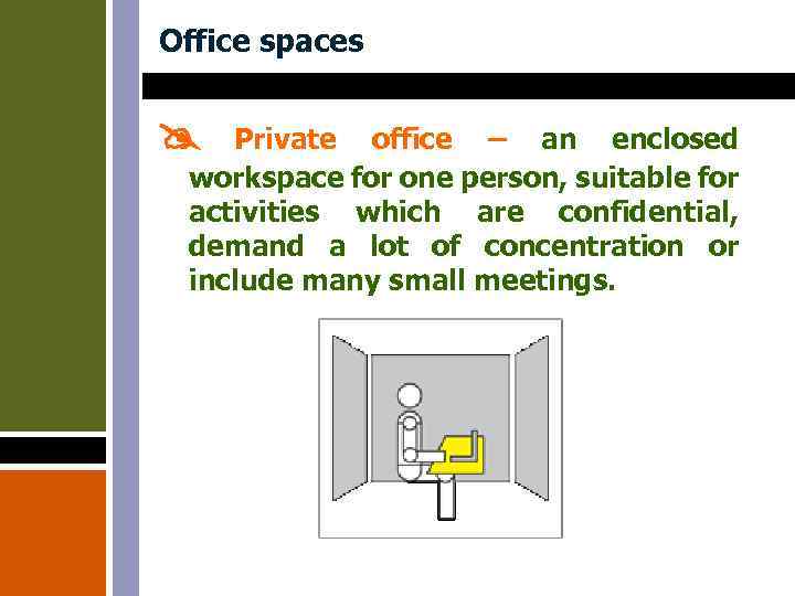 Office spaces Private office – an enclosed workspace for one person, suitable for activities