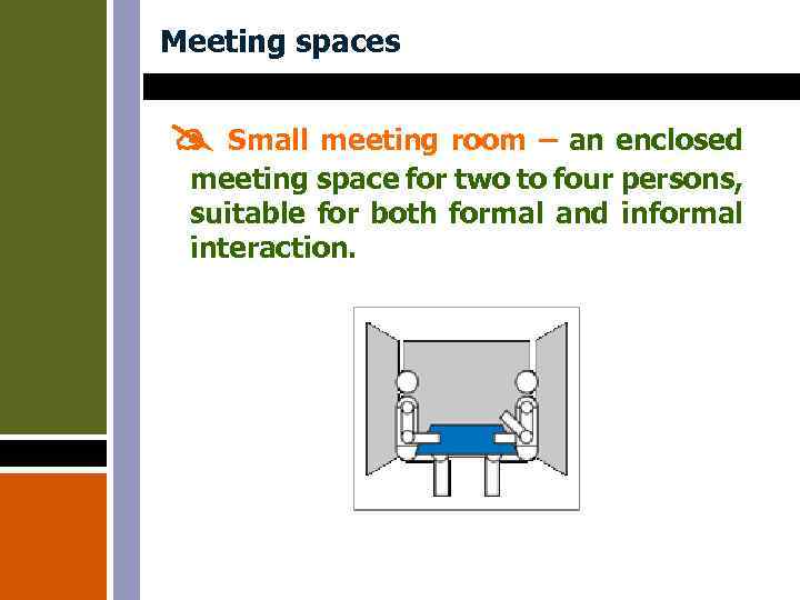 Meeting spaces Small meeting room – an enclosed meeting space for two to four