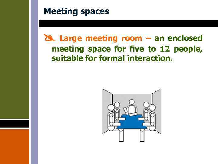 Meeting spaces Large meeting room – an enclosed meeting space for five to 12