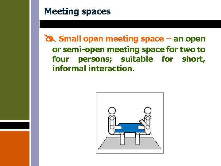 Meeting spaces Small open meeting space – an open or semi-open meeting space for
