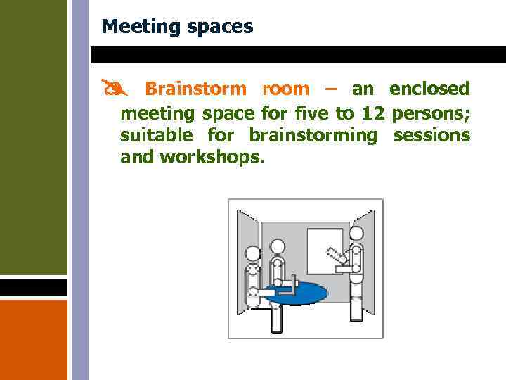 Meeting spaces Brainstorm room – an enclosed meeting space for five to 12 persons;