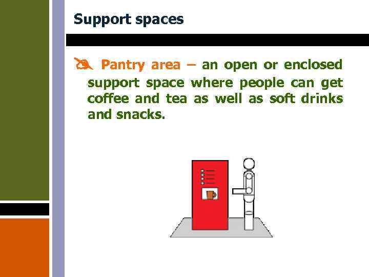 Support spaces Pantry area – an open or enclosed support space where people can