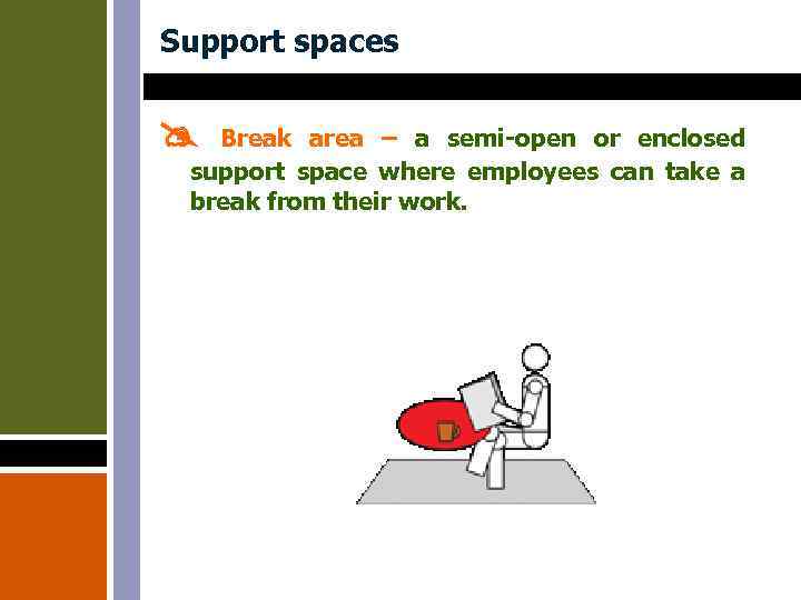 Support spaces Break area – a semi-open or enclosed support space where employees can