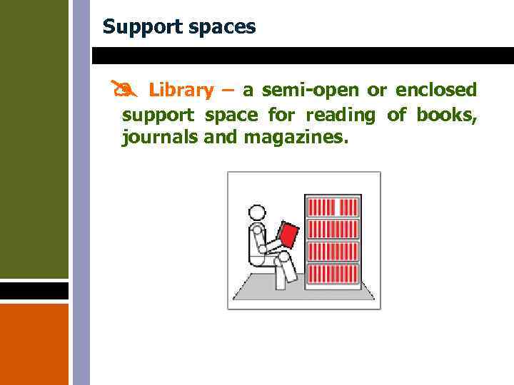 Support spaces Library – a semi-open or enclosed support space for reading of books,