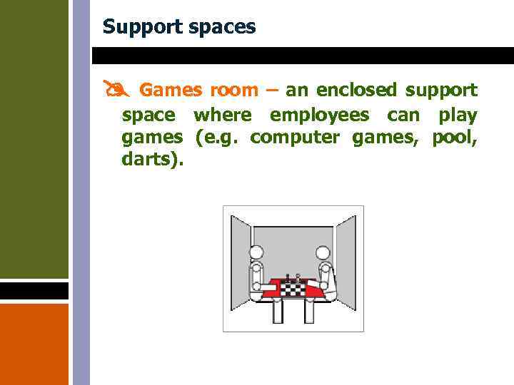 Support spaces Games room – an enclosed support space where employees can play games
