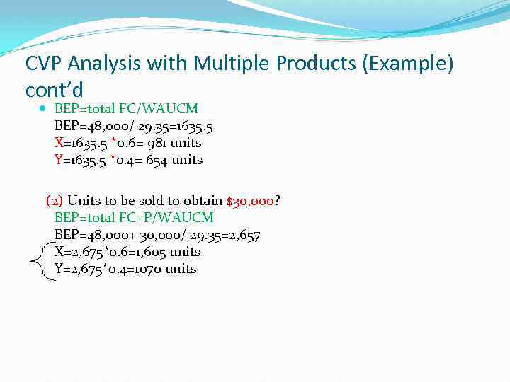 CVP Analysis with Multiple Products (Example) cont’d BEP=total FC/WAUCM BEP=48, 000/ 29. 35=1635. 5