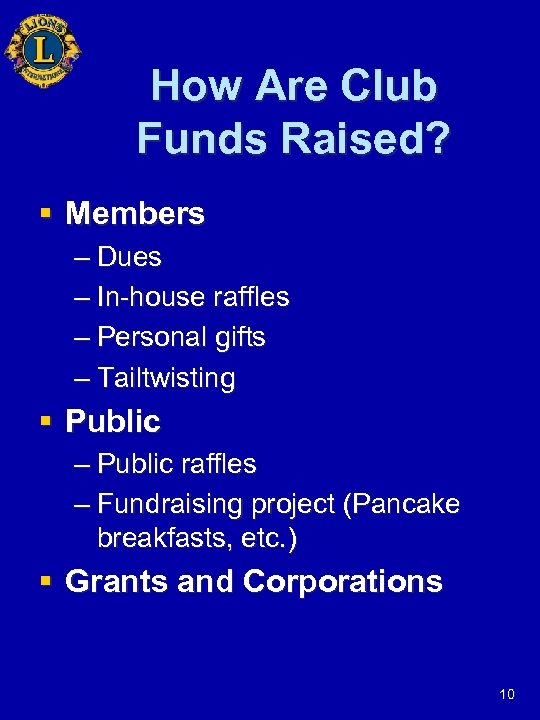 How Are Club Funds Raised? § Members – Dues – In-house raffles – Personal