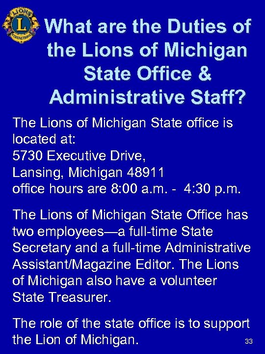 What are the Duties of the Lions of Michigan State Office & Administrative Staff?