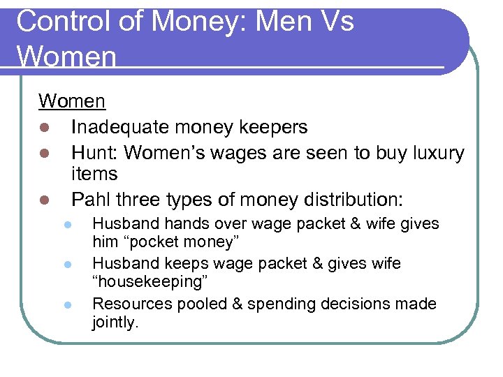 Control of Money: Men Vs Women l Inadequate money keepers l Hunt: Women’s wages