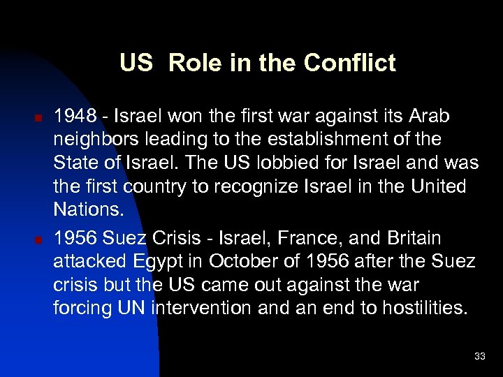 US Role in the Conflict n n 1948 - Israel won the first war