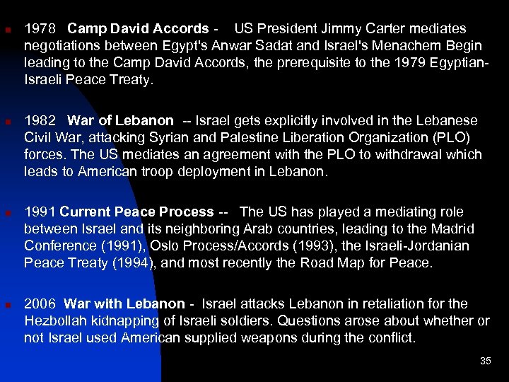 n n 1978 Camp David Accords - US President Jimmy Carter mediates negotiations between