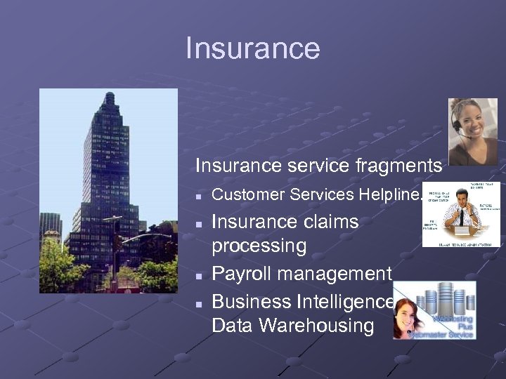 Insurance service fragments n Customer Services Helpline. n Insurance claims processing n Payroll management