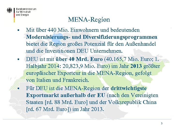 MENA-Region § § § Mit über 440 Mio. Einwohnern und bedeutenden Modernisierungs- und Diversifizierungsprogrammen