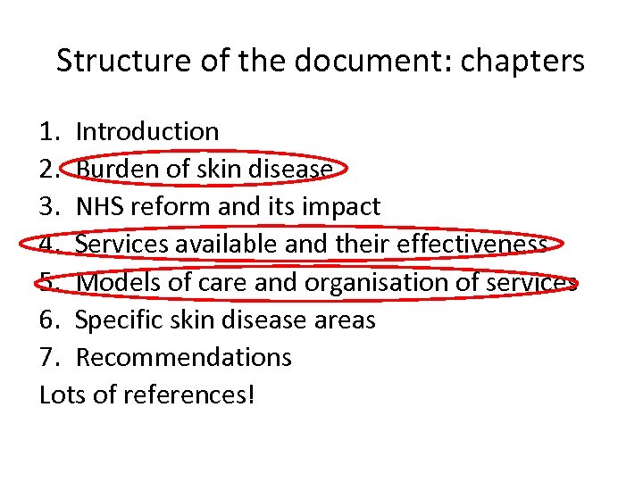 Structure of the document: chapters 1. Introduction 2. Burden of skin disease 3. NHS