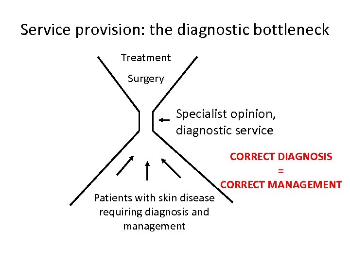 Service provision: the diagnostic bottleneck Treatment Surgery Specialist opinion, diagnostic service Patients with skin