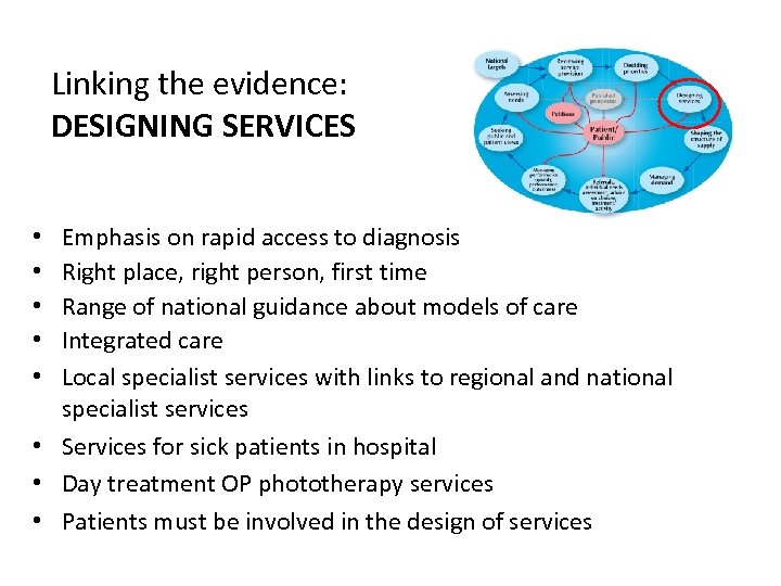 Linking the evidence: DESIGNING SERVICES Emphasis on rapid access to diagnosis Right place, right