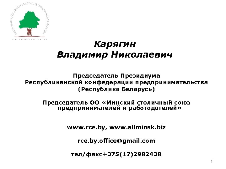 Карягин Владимир Николаевич Председатель Президиума Республиканской конфедерации предпринимательства (Республика Беларусь) Председатель ОО «Минский столичный