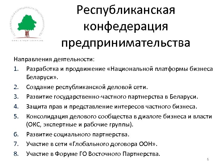 Республиканская конфедерация предпринимательства Направления деятельности: 1. Разработка и продвижение «Национальной платформы бизнеса Беларуси» .