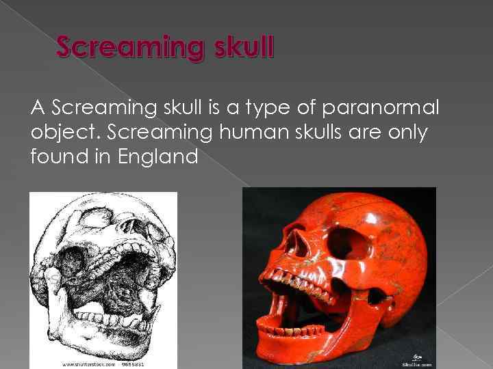 Screaming skull A Screaming skull is a type of paranormal object. Screaming human skulls