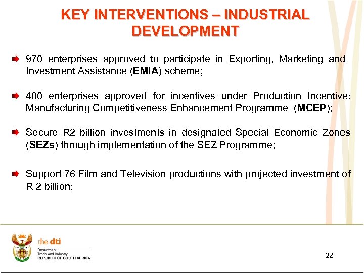 KEY INTERVENTIONS – INDUSTRIAL DEVELOPMENT 970 enterprises approved to participate in Exporting, Marketing and