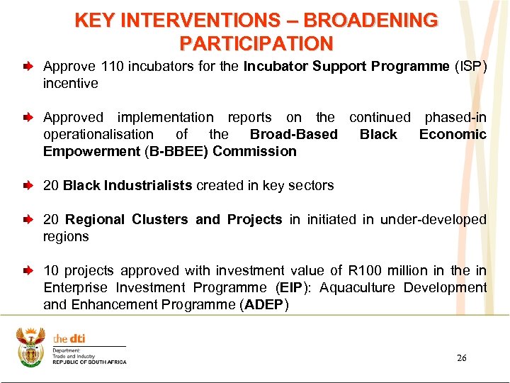 KEY INTERVENTIONS – BROADENING PARTICIPATION Approve 110 incubators for the Incubator Support Programme (ISP)